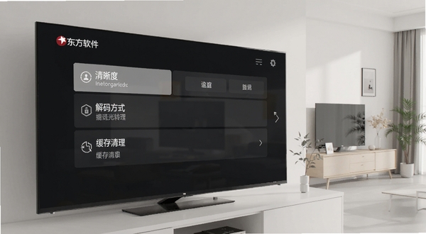 看东方软件设置界面,主体为电视屏幕显示设置菜单,包含清晰度、解码方式、缓存清理等选项,背景为简约家居环境,画面干净整洁
