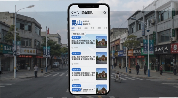 第一昆山 新闻资讯页面 手机界面 滚动新闻列表 配图缩略图 蓝色标签分类 背景为昆山市区街景 简洁现代风格 Boogu模型生成