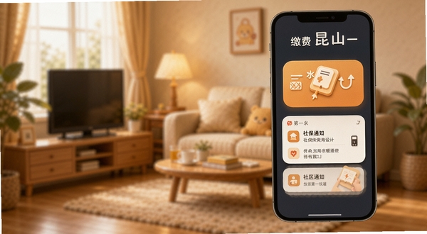 第一昆山 便民服务页面 手机屏幕 水电缴费图标 社保查询入口 社区通知卡片 暖色调 圆角图标设计 背景为温馨家居场景 Boogu模型生成