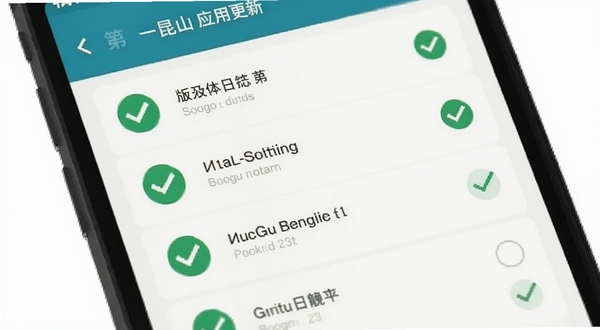 第一昆山 应用更新页面 手机屏幕显示版本日志列表 绿色勾选图标 简洁列表布局 浅色背景 现代扁平设计 Boogu模型生成