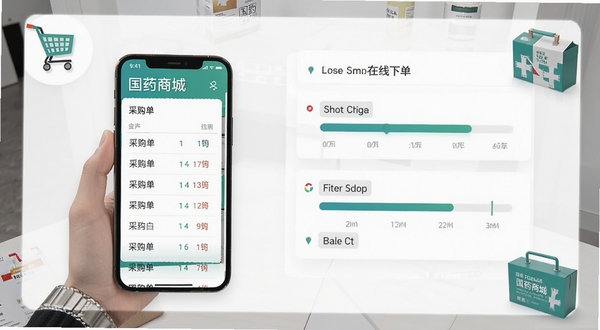 国药商城在线下单与订单管理界面展示,手机屏幕中呈现采购单列表与物流进度条,背景为白色卡片式布局,角落有购物车与药盒元素,风格清新商务