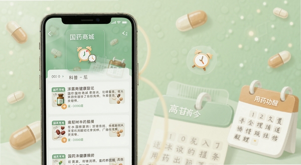 国药商城健康资讯与用药提醒功能界面,手机屏幕显示科普文章列表与闹钟提醒图标,背景为柔和绿色调,点缀药丸与日历元素,整体氛围温馨