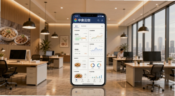中食云创移动端商务办公界面全景展示,画面中央主体为手机屏幕中显示食品供应链管理仪表盘,背景区域为现代化食品企业办公环境,暖色调灯光,简洁商务风格,突出中食云创品牌标识与食品行业元素