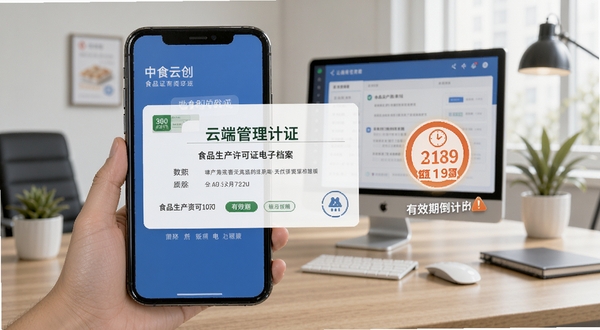 中食云创资质证照云端管理功能界面,手机屏幕中展示食品生产许可证电子档案卡片,旁边有有效期倒计时提醒图标,背景为整洁的食品企业办公室桌面,自然光线,扁平化设计风格