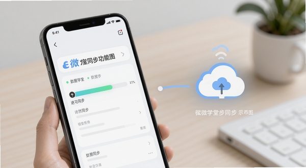 E微学堂学习进度同步功能示意图,手机屏幕显示进度条与云端同步图标,界面风格简洁现代,突出数据同步的便捷性