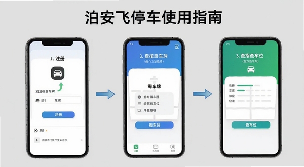 泊安飞停车使用指南示意图,画面为手机屏幕分步展示注册、绑车牌、查车位三个操作界面,背景为浅灰色,图标与文字清晰,适合文生图模型生成