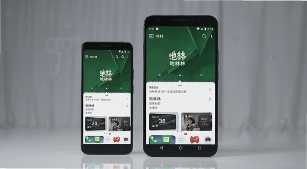 地林林 多机型适配展示图,三部不同尺寸的安卓手机并排摆放,屏幕均显示地林林界面,背景为柔和的灰色工作室风格