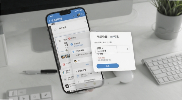 云雀移动采编移动端操作界面截图风格示意图,画面展示手机屏幕上的稿件编辑页面与权限设置弹窗,背景为简洁办公桌面,色调清爽,Boogu模型生成