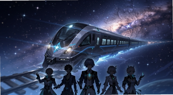 崩坏:星穹铁道官方主视觉,画面中央是星穹列车在银河中穿行,背景为深邃宇宙与闪烁星云,前景有主角团剪影,整体色调偏蓝紫科幻风,细节丰富,适合作为下载站头图