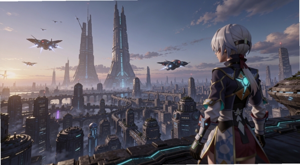 崩坏:星穹铁道星球探索场景,角色站在异星城市高处俯瞰全景,远处有巨型建筑与飞行器,天空呈现黄昏渐变,画面带有科幻与奇幻融合的风格,细节丰富
