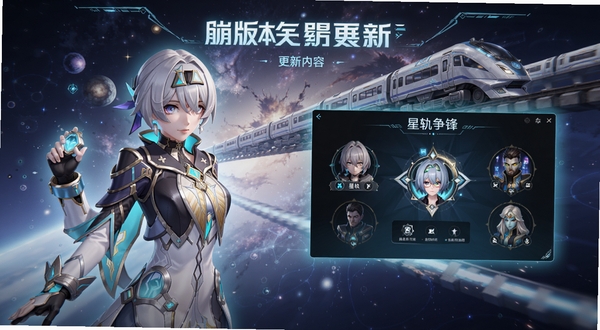 崩坏:星穹铁道新版本更新内容展示,画面中有新角色与星轨争锋玩法界面,背景为宇宙星空与列车,整体风格科幻明亮,适合作为版本更新配图