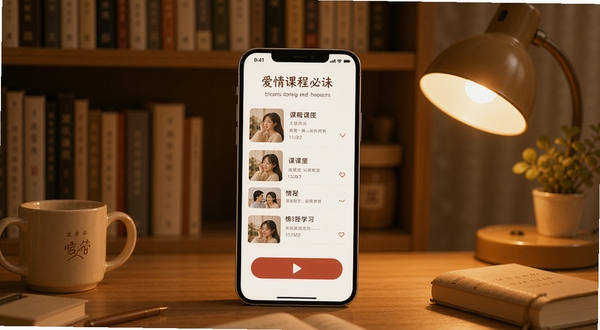 �����ؾ���пγ�ѧϰ���棬��������Ϊ�ֻ���Ļ��ʾ�γ��б��벥�Ű�ť������Ϊ�����ůɫ̨��Ԫ�أ�Ӫ�찲��ѧϰ��Χ�������ܰ������ϸ�ڷḻ