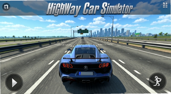 Highway Car Simulator游戏主界面截图,展示一辆跑车行驶在宽阔的高速公路上,背景是蓝天白云和远处的城市天际线,画面采用3D渲染风格,车辆细节清晰可见,路面纹理逼真,整体色调明亮清爽,适合作为游戏宣传预览图