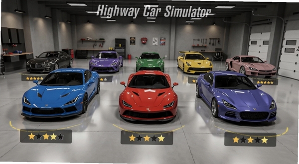 Highway Car Simulator车库界面,展示多辆不同颜色的跑车和轿车整齐排列,每辆车下方有性能星级评分,背景是现代化车库环境,灯光柔和,画面清晰展现车辆外观细节