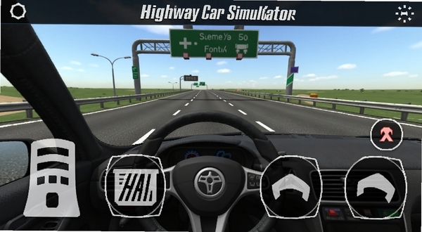 Highway Car Simulator新手教程界面截图,展示虚拟按键布局和操作提示,背景是高速公路起点,画面清晰标注油门、刹车、转向按钮位置