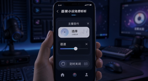 番果小说免费听 语音设置面板 主播音色选择 语速滑块 定时关闭选项 深色模式 手机界面 科技感光效
