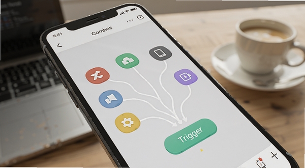 一部手机屏幕特写,显示Combos应用内正在创建组合任务的界面,有多个功能图标通过连线汇聚到一个触发按钮上,背景是办公桌与咖啡杯,光线明亮,风格写实,适合Boogu模型生成