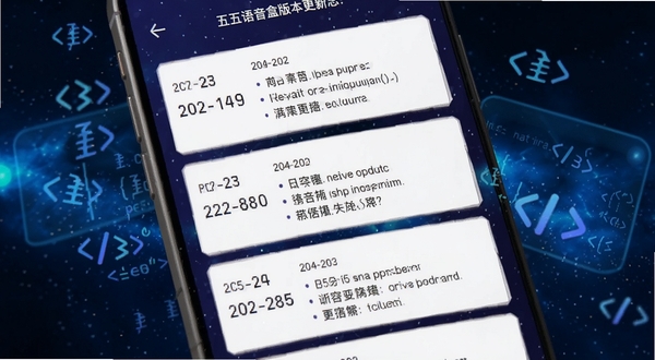 五条悟语音盒版本更新日志界面展示图,画面为手机屏幕中呈现的版本迭代记录列表,每条更新以卡片形式展示版本号、日期与更新条目,背景为深蓝色星空渐变与漂浮的代码符号,整体科技感十足,适配Boogu模型生成