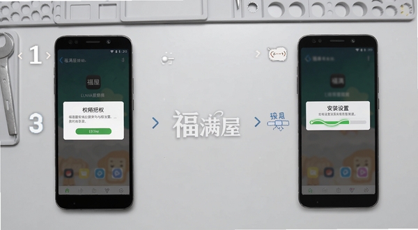 福满屋安卓应用安装与权限设置操作流程图解,画面中手机屏幕显示权限授权弹窗与安装进度条,旁边有简洁的步骤序号标识,背景为浅灰色工作台面,整体风格清晰直观,画面中包含福满屋文字标识