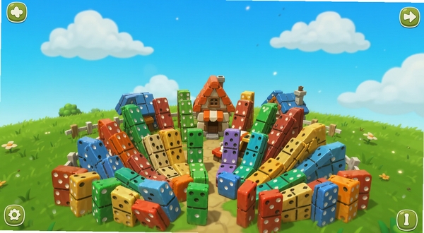 Domino Village游戏主界面全景,画面中央是一座由彩色多米诺骨牌搭建的卡通村庄,骨牌呈扇形排列,背景是蓝天白云和绿色草地,整体风格清新明亮,适合休闲游戏宣传图,画面主体坐标居中,背景区域占据画面上方三分之二。
