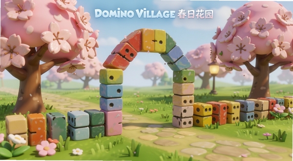 Domino Village春日花园主题关卡预览图,画面中有粉色樱花树、绿色草坪和彩色骨牌组成的拱门,卡通渲染风格,明亮柔和的光线,展现新增章节的场景氛围。