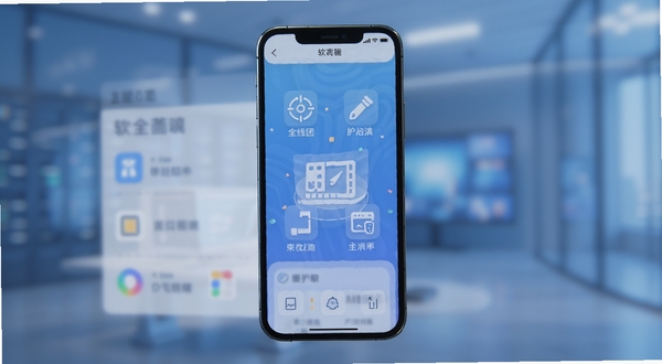 解线团 软件主界面 功能全貌 手机屏幕 整洁 工具图标 蓝色调 背景虚化 现代科技感