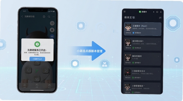 小璐连点器功能展示图,画面左侧是手机界面显示无障碍服务已开启的提示,右侧是软件主界面展示多个已保存的脚本列表,中间用箭头连接,背景为淡蓝色科技网格,突出免Root和脚本管理的便捷性