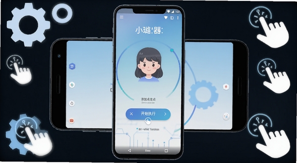 一部安卓手机屏幕中央展示小璐连点器应用主界面,界面中有清晰的添加点击点和开始执行按钮,背景是简洁的浅色渐变桌面,周围环绕着齿轮、手指点击图标等象征自动化操作的装饰元素,整体风格清爽科技感,适合软件下载站配图