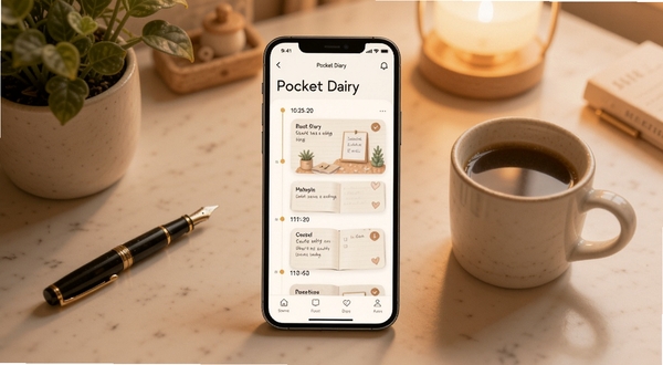 整体展示Pocket Diary应用界面全貌,画面中心为主界面时间轴列表,背景区域为柔和的暖色调书桌场景,手机屏幕中清晰显示Pocket Diary文字标识与日记卡片,周围点缀钢笔、咖啡杯与绿植,风格温馨治愈,适配Boogu模型生成