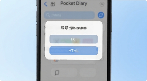 Pocket Diary数据导出功能操作界面,画面主体为手机屏幕显示导出格式选择弹窗,背景区域为浅蓝色渐变,屏幕中可见TXT与HTML选项按钮,文字清晰,风格清爽现代,适配Boogu模型生成