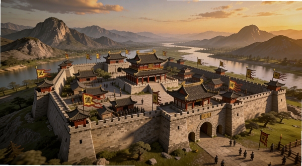三志略版 主城全景图,画面中央为宏伟的古代中式城池,城墙高耸、旌旗飘扬,背景为连绵山脉与河流,天空呈现黄昏暖色调,整体风格写实且富有史诗感,适合Boogu模型生成