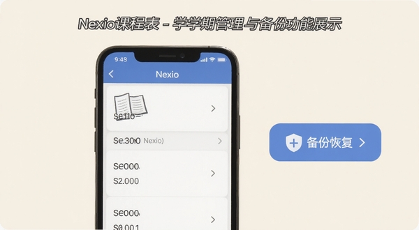 Nexio�γ̱�ѧ�ڹ����뱸�ݹ���չʾͼ����������Ϊ�ֻ�������ʾ���ѧ���б����Ҳ�Ϊ���ݻָ���ť������Ϊ����װ�ɫ���������ݰ�ȫ���ݹ���
