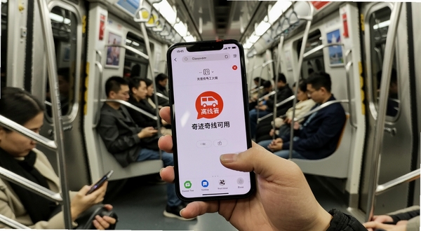奇迹秀工具箱离线使用场景,画面为地铁车厢内乘客手持手机使用工具箱界面,屏幕显示离线可用标识,背景为车厢内部环境,突出无网络也能用的便捷性