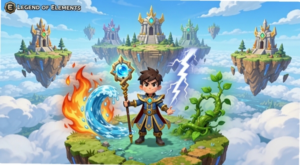 Legend of Elements 游戏主界面全景展示,画面中央站立一位手持元素法杖的主角,身后环绕火焰、水流、雷电、藤蔓四种元素特效,背景为漂浮在云海之上的元素大陆,远处可见六座元素神殿轮廓,整体风格为明亮卡通渲染,色彩饱和度高,构图开阔大气