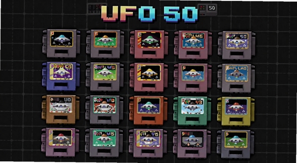 UFO 50 游戏选择界面预览图,画面主体为居中排列的像素风格游戏卡带图标矩阵,每个卡带封面颜色各异,背景为深灰色电子网格,顶部区域有复古字体标题,整体呈现八十年代游戏机菜单的经典布局