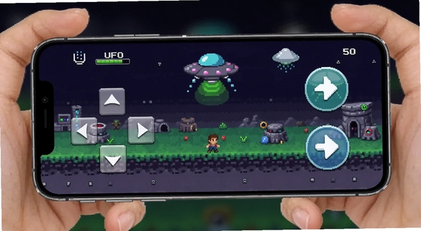 UFO 50 移动端操作界面示意图,画面展示手机横屏握持状态,屏幕左侧显示虚拟方向键,右侧显示两个动作按钮,背景为像素风格游戏场景,整体呈现清晰的触屏操作布局