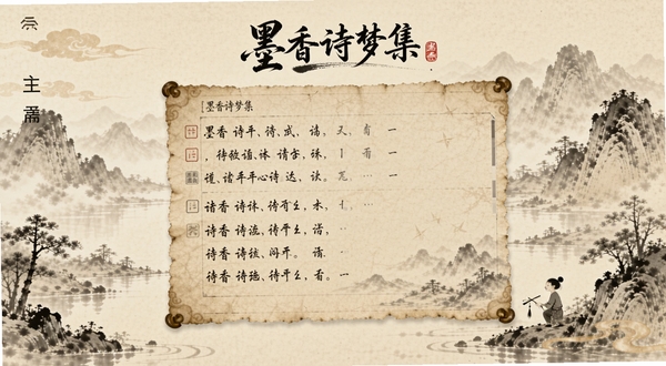 墨香诗梦集软件主界面展示,画面中央为仿古宣纸风格的诗词编辑区,上方有墨香诗梦集文字标识,背景为淡雅水墨山水,整体色调温润古朴,适配手机屏幕竖版构图