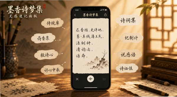 墨香诗梦集灵感速记面板展示,画面中手机屏幕显示手写输入区域与语音输入按钮,周围飘浮着诗词意象词汇标签,背景为柔和暖光,突出墨香诗梦集品牌元素