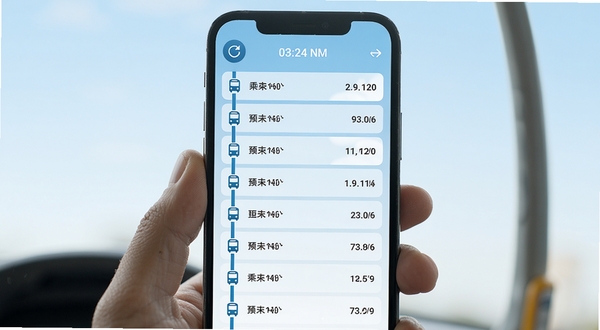 坐车乘公交到站预测界面特写,手机屏幕中央显示一条公交线路的各个站点列表,每个站点右侧有预计到达分钟数,顶部有刷新按钮和当前时间,背景为淡蓝色渐变,界面简洁清晰,适合展示软件核心功能