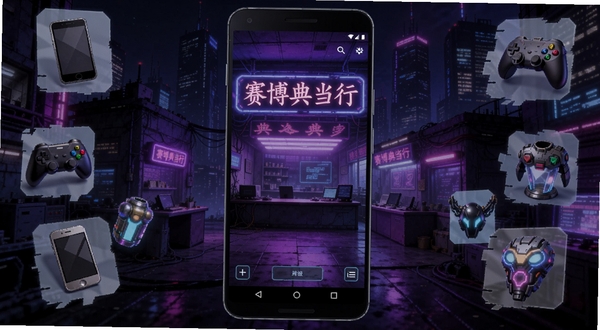 赛博典当行软件主界面截图,画面中央展示一部安卓手机,屏幕内呈现赛博朋克风格的典当行大厅,霓虹灯牌写着赛博典当行,背景是深色科技感城市夜景,手机周围漂浮着二手手机、游戏手柄、虚拟道具图标,整体色调以紫蓝与荧光粉为主,适配Boogu模型生成