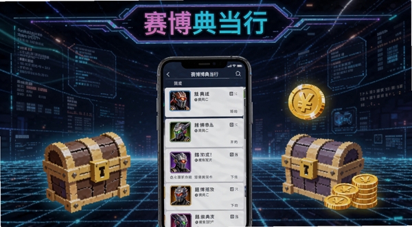 赛博典当行虚拟资产典当页面,画面中一部手机展示游戏装备列表,旁边有虚拟宝箱和金币图标,赛博典当行字样出现在屏幕顶部,背景是游戏风格的光效与数据网格,适配Boogu模型生成