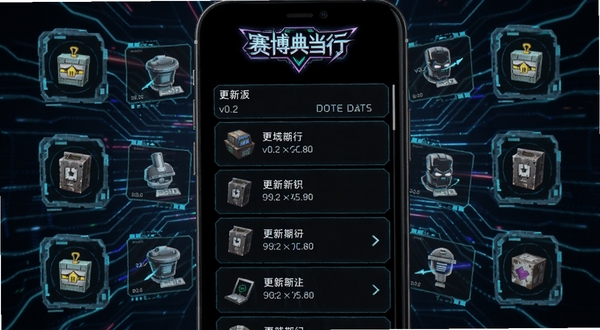 赛博典当行版本更新界面截图,手机屏幕显示更新日志列表,版本号v0.2与日期清晰可见,赛博典当行Logo位于顶部,背景是科技感线条与更新图标,适配Boogu模型生成