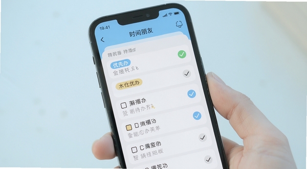 时间朋友 智能待办清单界面展示,手机屏幕中显示清晰的待办列表,带有优先级标签和完成勾选,背景为柔和浅色,突出时间朋友软件名称