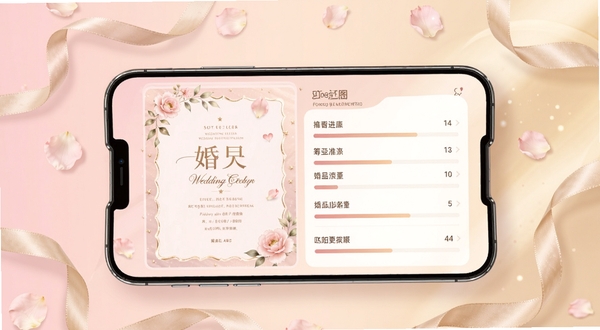 婚礼总动员应用主界面展示,画面中央是手机屏幕内呈现的婚礼请柬设计模板与筹备进度面板,背景为柔和粉色与香槟金渐变,四周点缀花瓣与丝带元素,整体风格温馨浪漫,适配Boogu模型生成