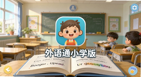 外语通小学版英语学习软件主界面展示,画面中央放置软件图标与名称,背景区域为明亮的教室和翻开的英语课本,整体色调清新活泼,适合Boogu模型生成