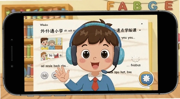 外语通小学版课本点读功能界面,展示手机屏幕中英语课本页面与点读按钮,画面主体为卡通小学生戴着耳机跟读,背景区域为书架和英语字母装饰,风格温馨可爱