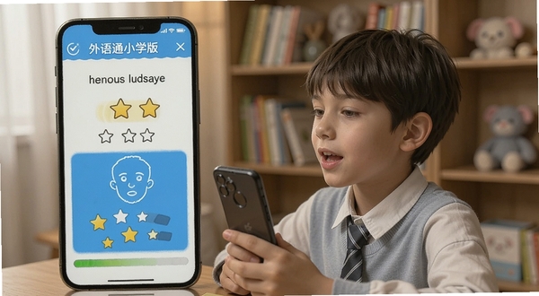 外语通小学版口语跟读评测界面,展示手机屏幕中发音评分与星级反馈,画面主体为小学生对着手机朗读英语,背景区域为家庭书房环境,光线柔和