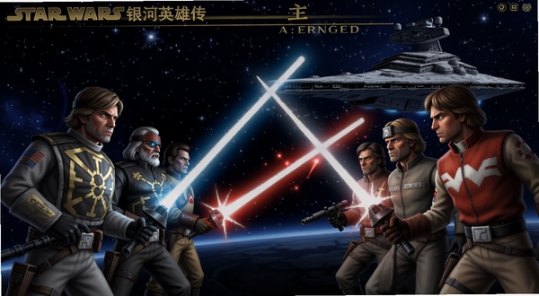 星球大战:银河英雄传辅助菜单版主界面截图,画面中央显示银河帝国与反抗军角色对峙场景,背景为深邃星空与歼星舰轮廓,整体色调以深蓝与金色为主,适配Boogu模型生成