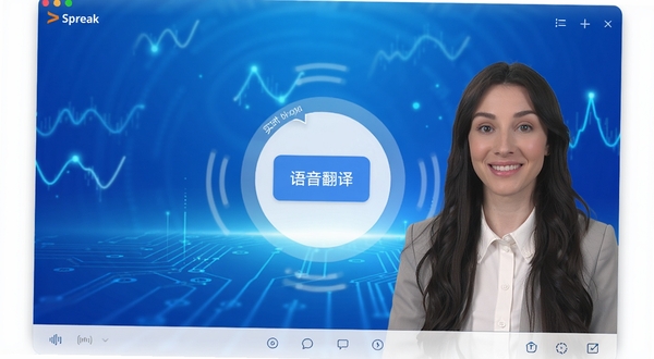 Spreak 软件主界面全貌展示,中心位置是语音翻译按钮,背景为蓝色渐变科技感场景,画面简洁明快,突出实时翻译的便捷属性