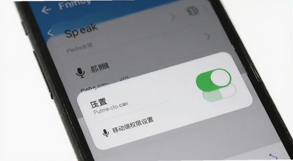 Spreak 移动端权限设置操作示意图,手机屏幕展示麦克风与存储权限开关界面,背景为浅色系统设置风格,突出权限配置步骤